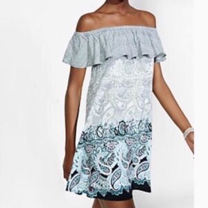 Express Off-Shoulder Paisley Mini Dress - Blue and Black